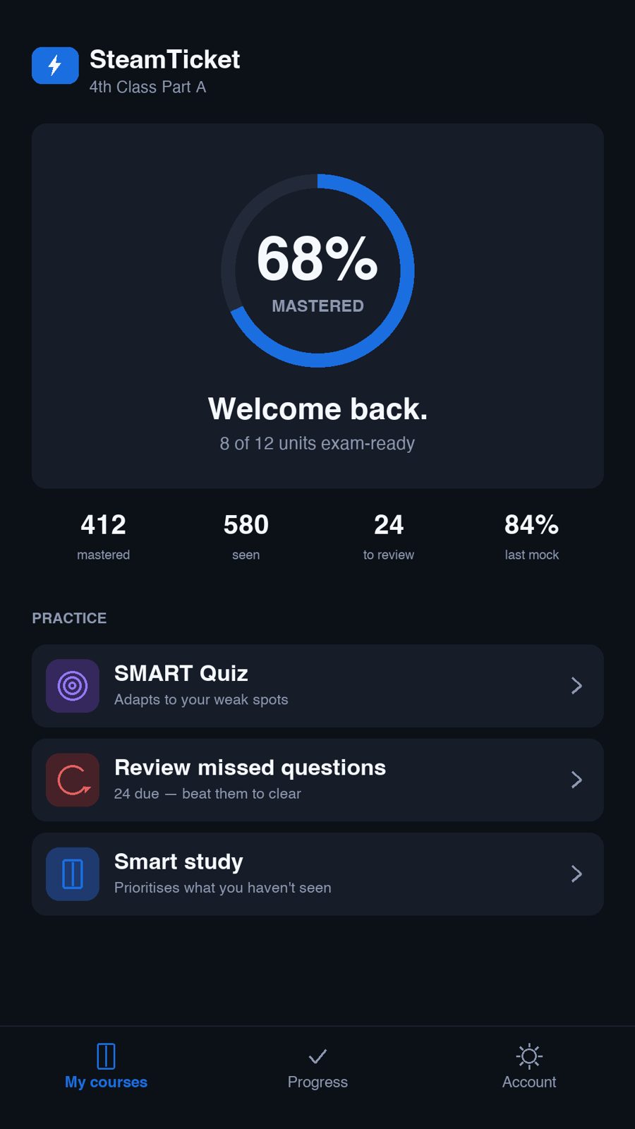 SteamTicket app — My Courses screen for 4th Class Part A, showing 68% mastered, 8 of 12 units exam-ready, and SMART Quiz practice modes