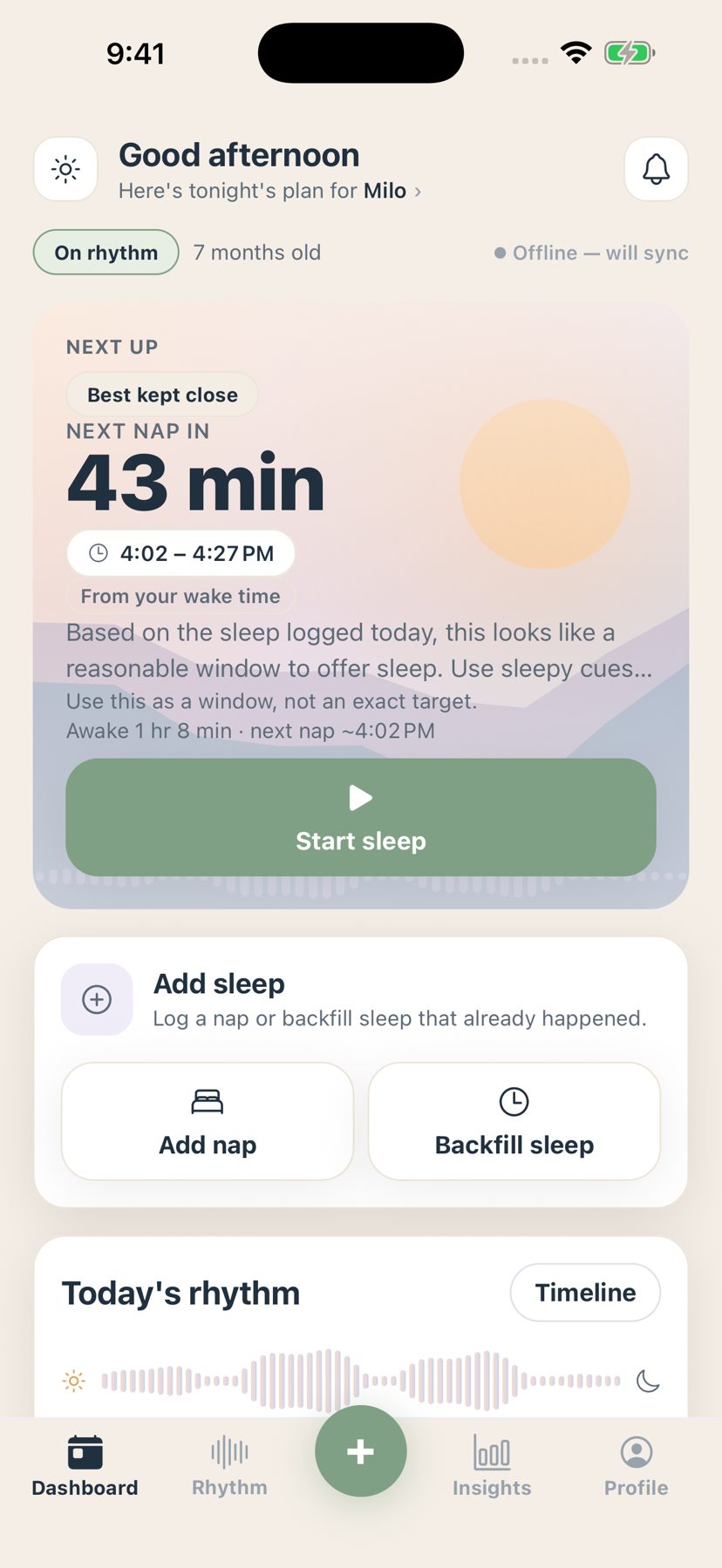 Tiny Rhythm app — dashboard showing tonight's plan, next nap in 43 minutes, a Start sleep button, and today's rhythm timeline. Offline, will sync.